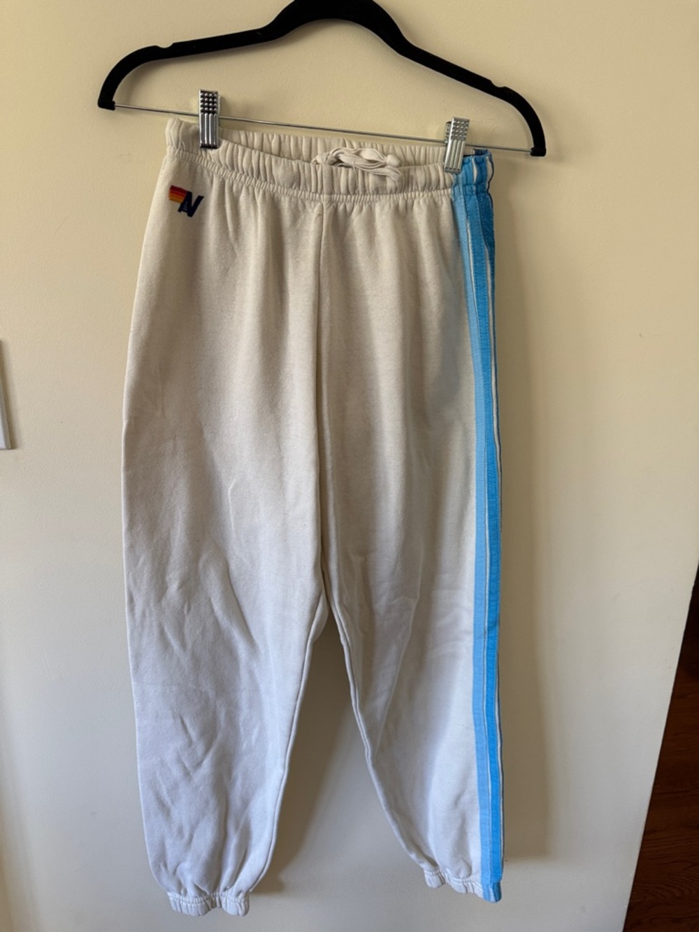 Aviator Nation Ivory Track Joggers with Light Blue Side Stripe
